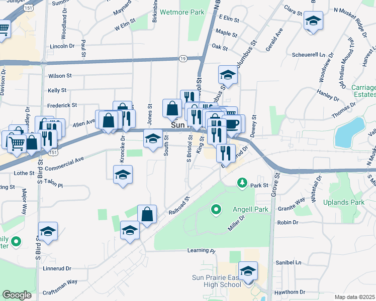 map of restaurants, bars, coffee shops, grocery stores, and more near 140 South Bristol Street in Sun Prairie