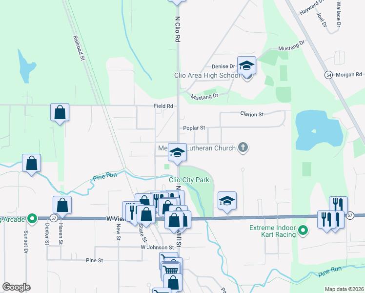 map of restaurants, bars, coffee shops, grocery stores, and more near 516 North Mill Street in Clio