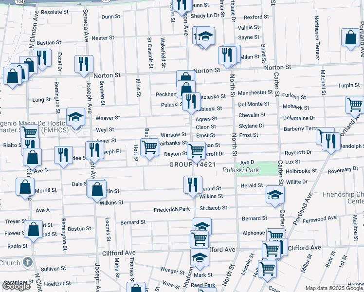 map of restaurants, bars, coffee shops, grocery stores, and more near 105 Fairbanks Street in Rochester