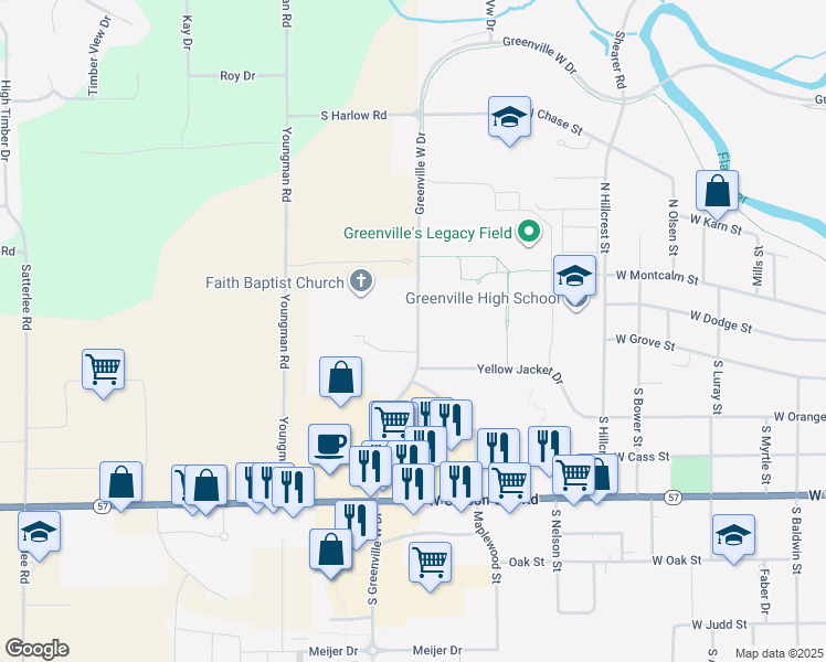 map of restaurants, bars, coffee shops, grocery stores, and more near 1610 Winter Creek Court in Greenville