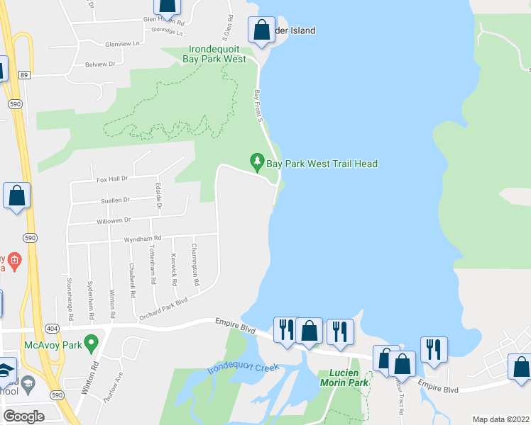 map of restaurants, bars, coffee shops, grocery stores, and more near 262 Bay Front S in Rochester