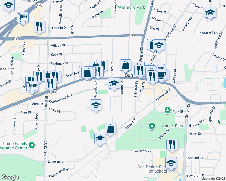map of restaurants, bars, coffee shops, grocery stores, and more near 160 South Street in Sun Prairie