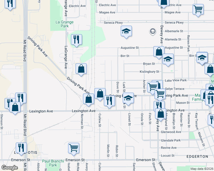 map of restaurants, bars, coffee shops, grocery stores, and more near 52 Argo Park in Rochester