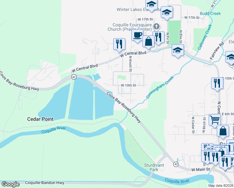 map of restaurants, bars, coffee shops, grocery stores, and more near 901 North Myrtle Street in Coquille