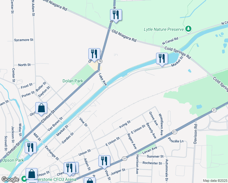 map of restaurants, bars, coffee shops, grocery stores, and more near 591 Market Street in Lockport