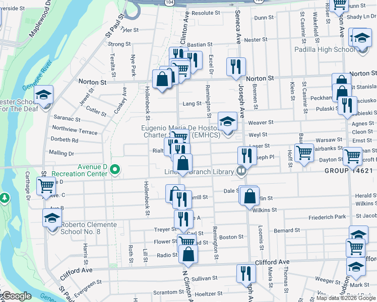 map of restaurants, bars, coffee shops, grocery stores, and more near in Rochester