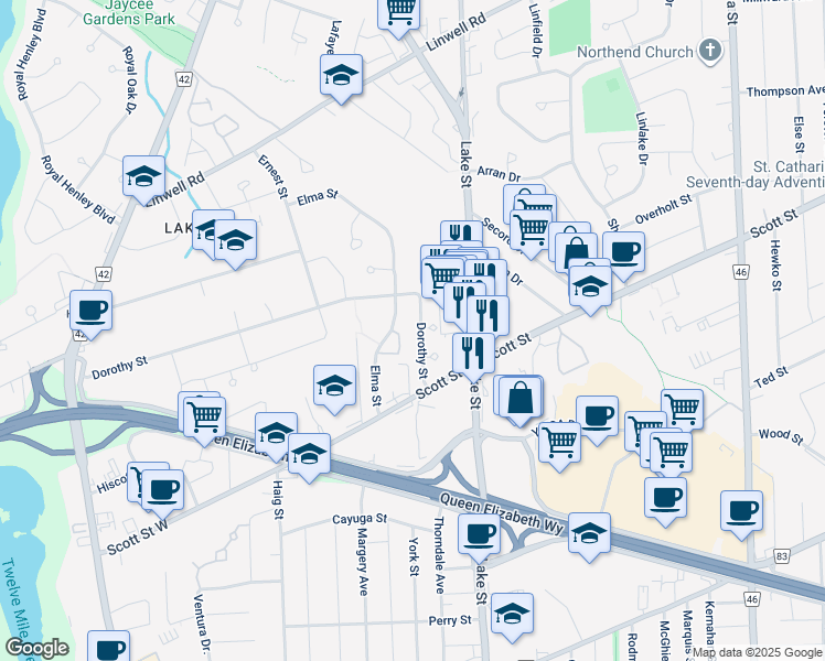 map of restaurants, bars, coffee shops, grocery stores, and more near 172 Dorothy Street in St. Catharines