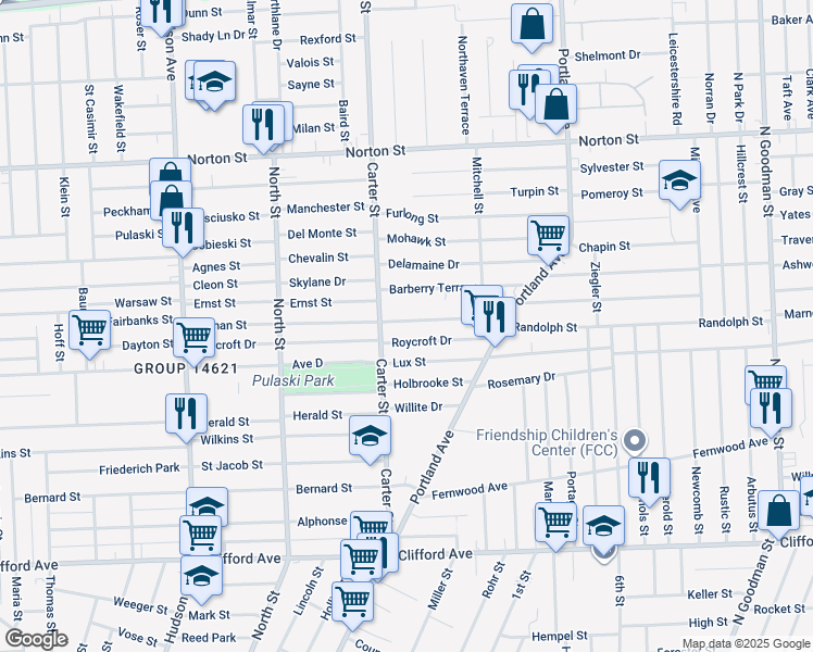 map of restaurants, bars, coffee shops, grocery stores, and more near 307 Durnan Street in Rochester