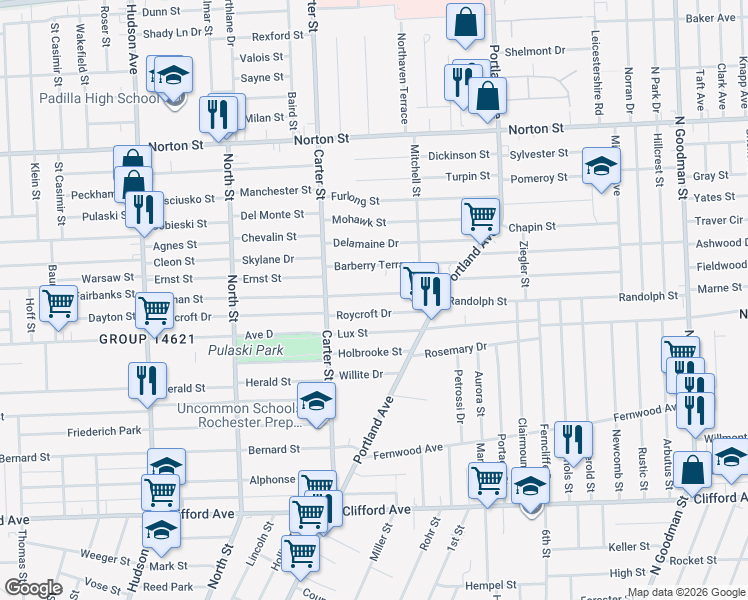 map of restaurants, bars, coffee shops, grocery stores, and more near 359 Durnan Street in Rochester