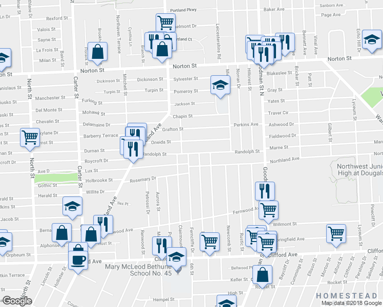map of restaurants, bars, coffee shops, grocery stores, and more near 161 Randolph Street in Rochester
