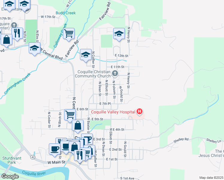 map of restaurants, bars, coffee shops, grocery stores, and more near 837 North Folsom Street in Coquille