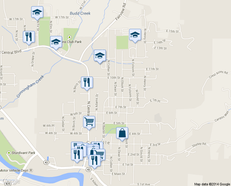 map of restaurants, bars, coffee shops, grocery stores, and more near 844 North Dean Street in Coquille