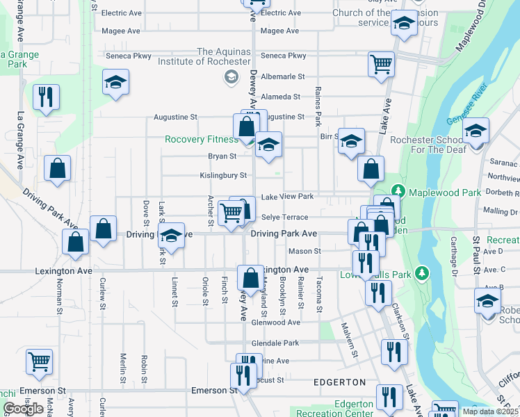 map of restaurants, bars, coffee shops, grocery stores, and more near 906 Dewey Avenue in Rochester