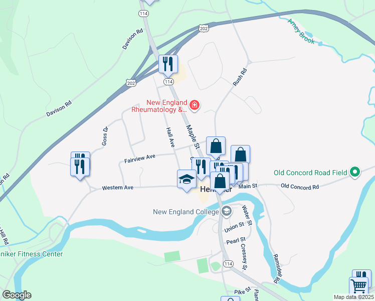 map of restaurants, bars, coffee shops, grocery stores, and more near 73 Prospect Street in Henniker