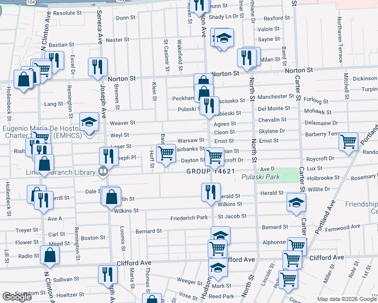 map of restaurants, bars, coffee shops, grocery stores, and more near 73 Fairbanks Street in Rochester