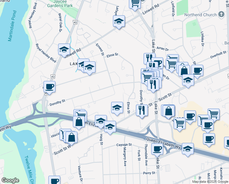 map of restaurants, bars, coffee shops, grocery stores, and more near 1 Timber Lane in Saint Catharines