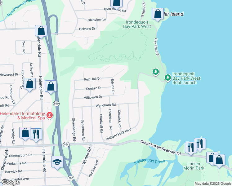 map of restaurants, bars, coffee shops, grocery stores, and more near 212 Willowen Drive in Irondequoit