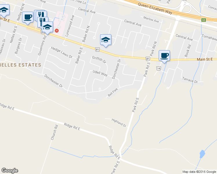 map of restaurants, bars, coffee shops, grocery stores, and more near 206 Dorchester Drive in Grimsby