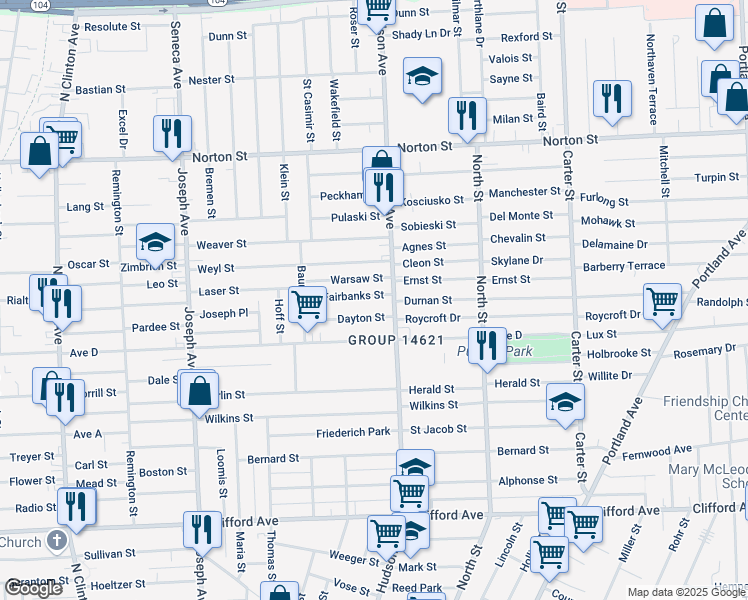 map of restaurants, bars, coffee shops, grocery stores, and more near 107 Fairbanks Street in Rochester