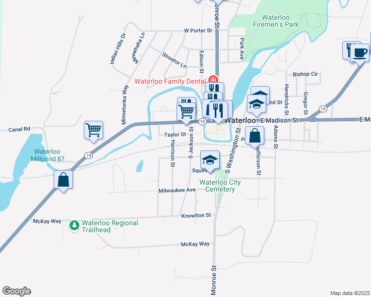 map of restaurants, bars, coffee shops, grocery stores, and more near 275 South Jackson Street in Waterloo