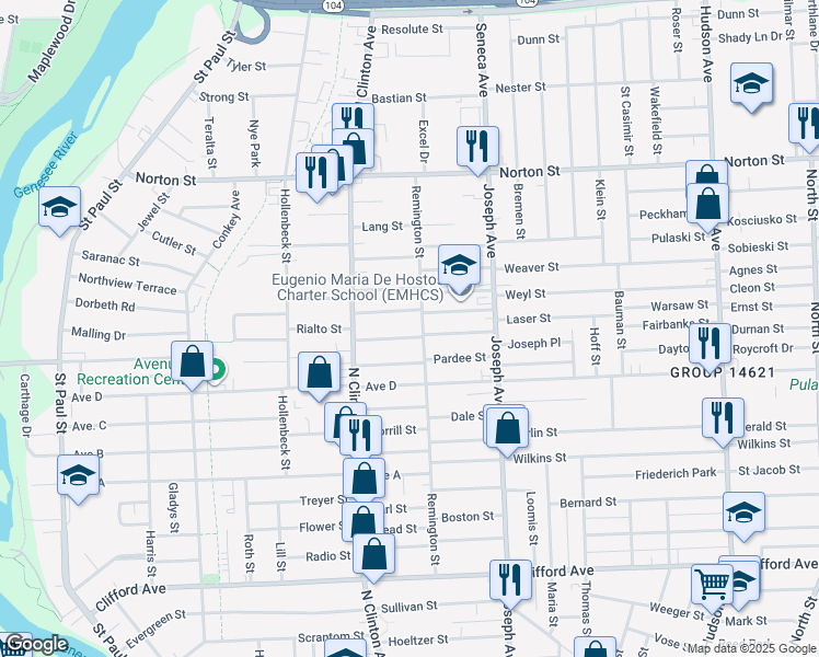 map of restaurants, bars, coffee shops, grocery stores, and more near 76 Kohlman Street in Rochester