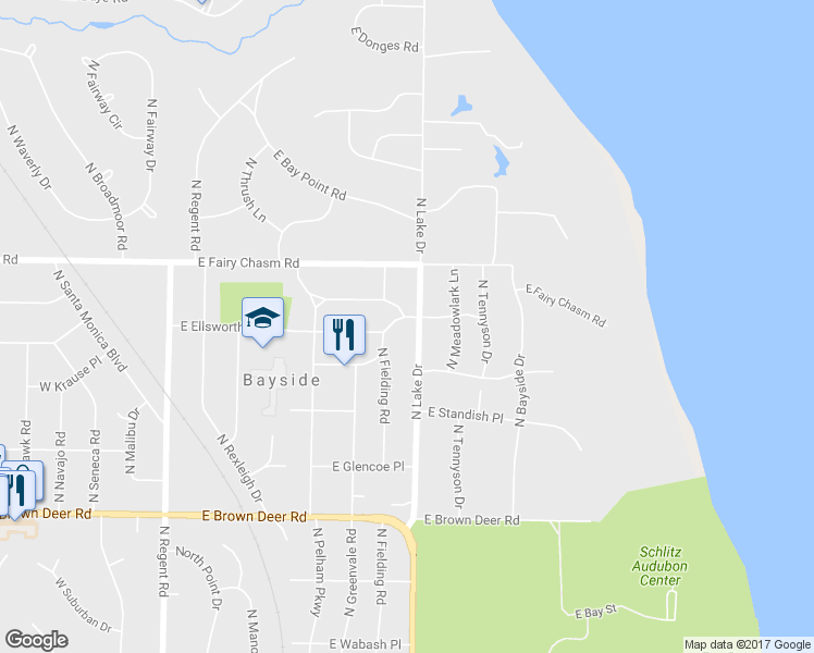 map of restaurants, bars, coffee shops, grocery stores, and more near 9093 North Lake Drive in Bayside