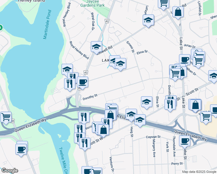 map of restaurants, bars, coffee shops, grocery stores, and more near 49 Dorothy Street in Saint Catharines