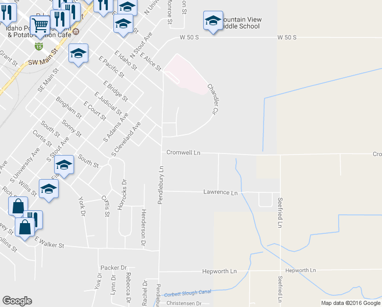 map of restaurants, bars, coffee shops, grocery stores, and more near 1670 Cromwell Lane in Blackfoot