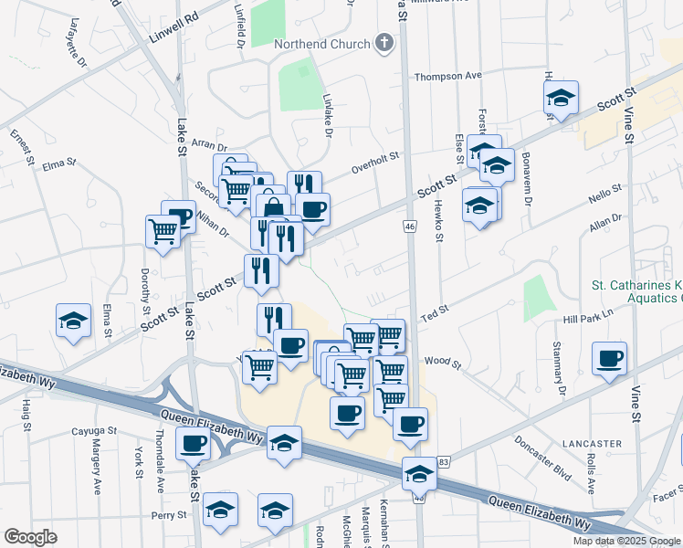 map of restaurants, bars, coffee shops, grocery stores, and more near 365 Geneva Street in St. Catharines