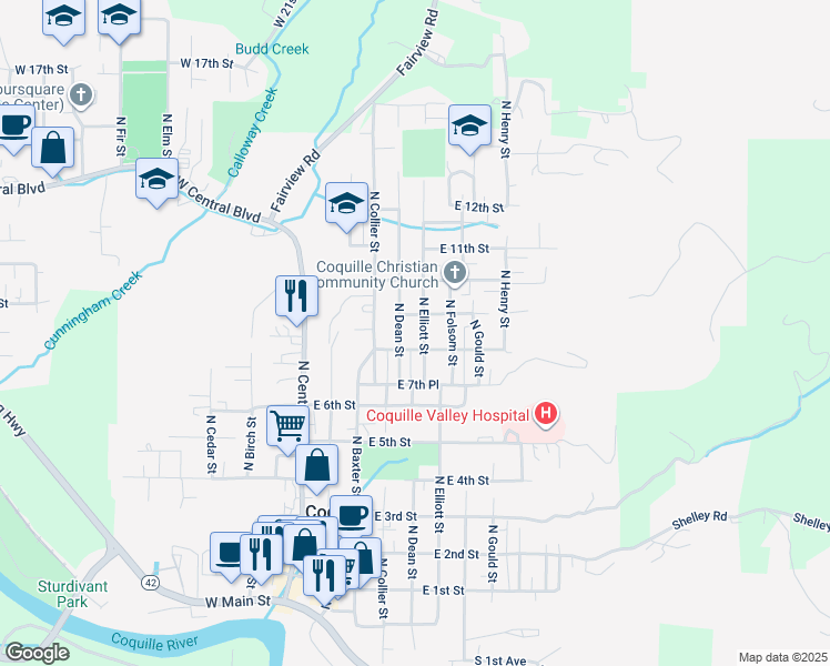 map of restaurants, bars, coffee shops, grocery stores, and more near 844 North Dean Street in Coquille