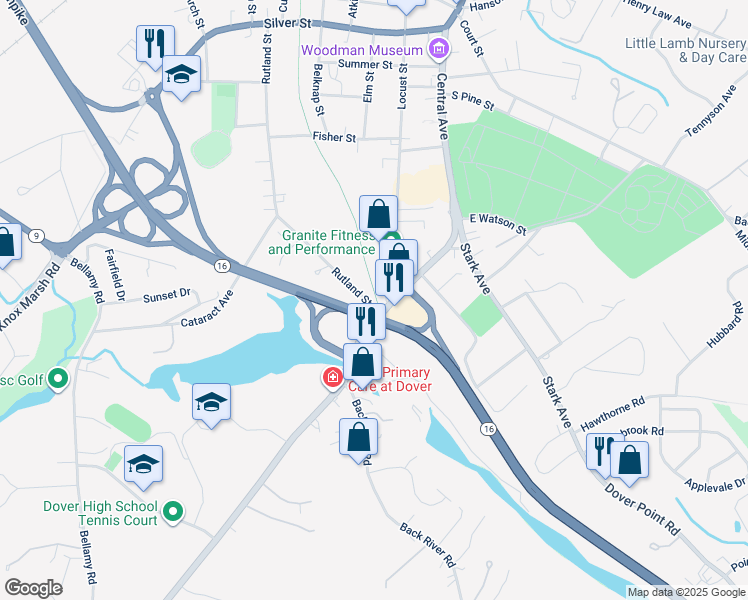 map of restaurants, bars, coffee shops, grocery stores, and more near 46 Central Avenue in Dover
