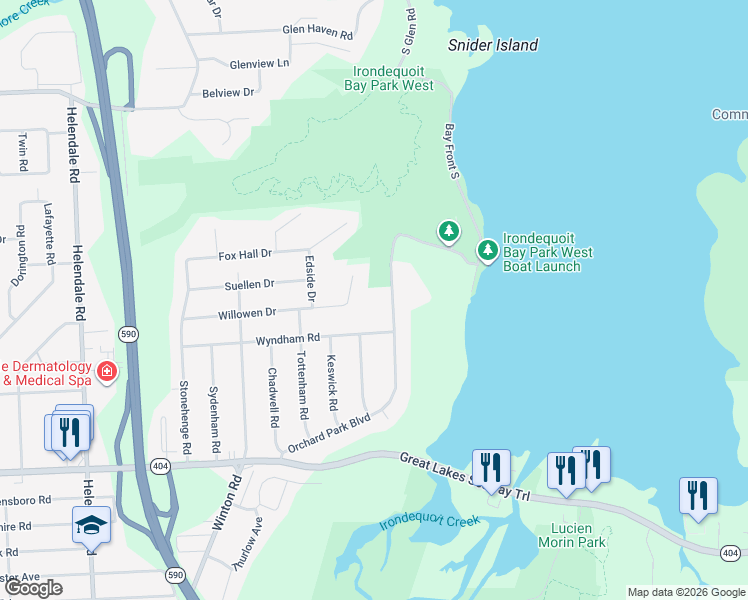 map of restaurants, bars, coffee shops, grocery stores, and more near 310 Orchard Park Boulevard in Rochester