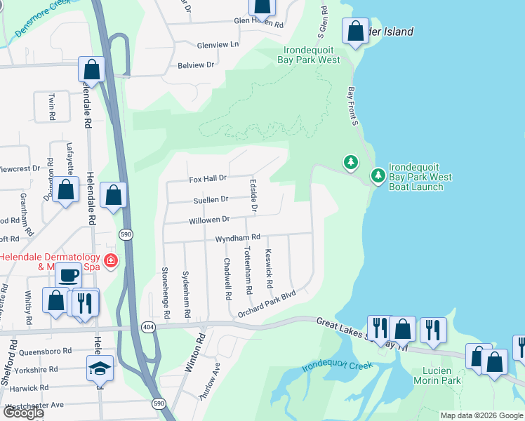 map of restaurants, bars, coffee shops, grocery stores, and more near 212 Willowen Drive in Irondequoit