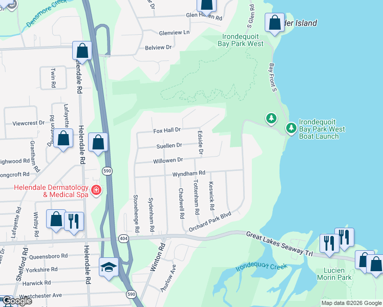 map of restaurants, bars, coffee shops, grocery stores, and more near 158 Willowen Drive in Irondequoit