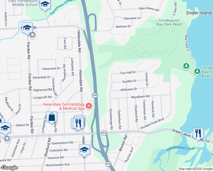 map of restaurants, bars, coffee shops, grocery stores, and more near 241 Stonehenge Road in Rochester
