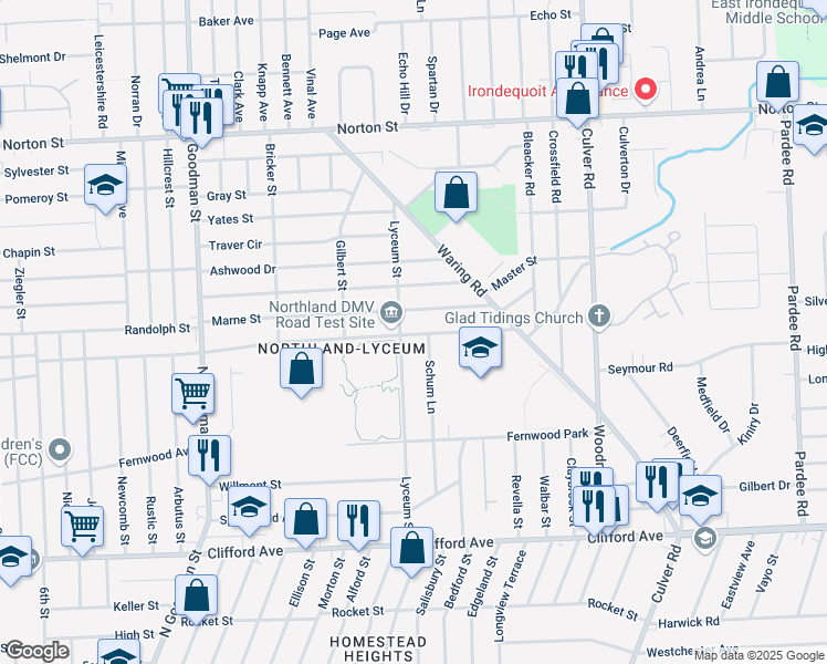 map of restaurants, bars, coffee shops, grocery stores, and more near 276 Lyceum Street in Rochester
