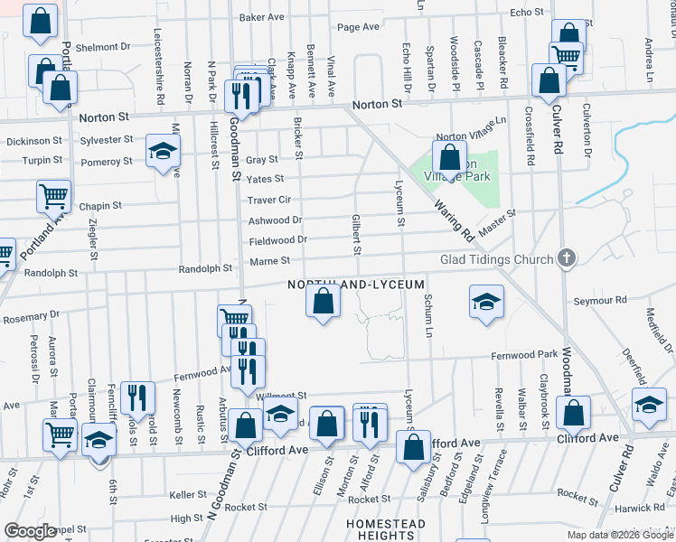 map of restaurants, bars, coffee shops, grocery stores, and more near 406 Northland Avenue in Rochester