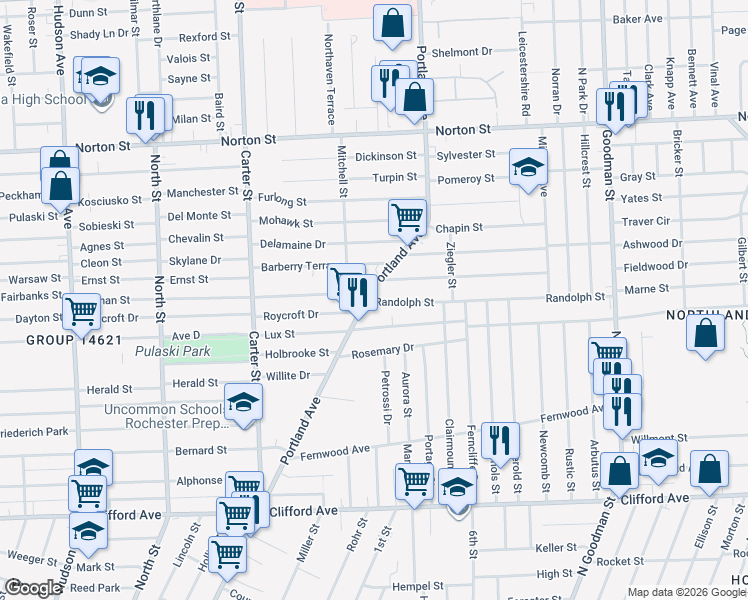 map of restaurants, bars, coffee shops, grocery stores, and more near 23 Randolph Street in Rochester