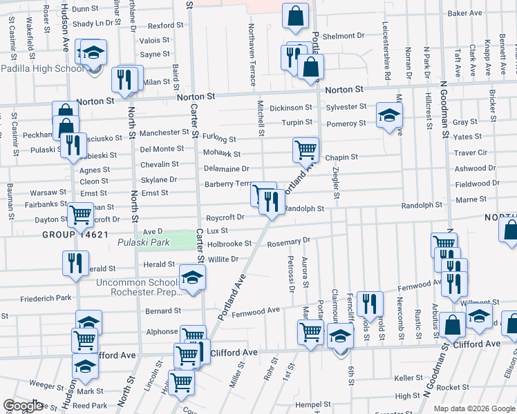 map of restaurants, bars, coffee shops, grocery stores, and more near 416 Roycroft Drive in Rochester