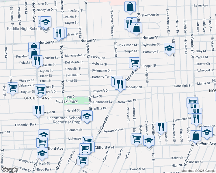 map of restaurants, bars, coffee shops, grocery stores, and more near 359 Durnan Street in Rochester