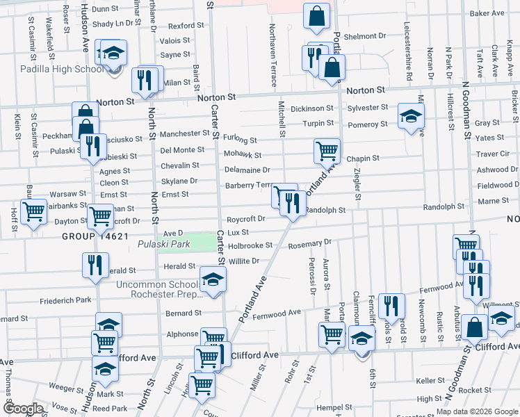 map of restaurants, bars, coffee shops, grocery stores, and more near 359 Durnan Street in Rochester