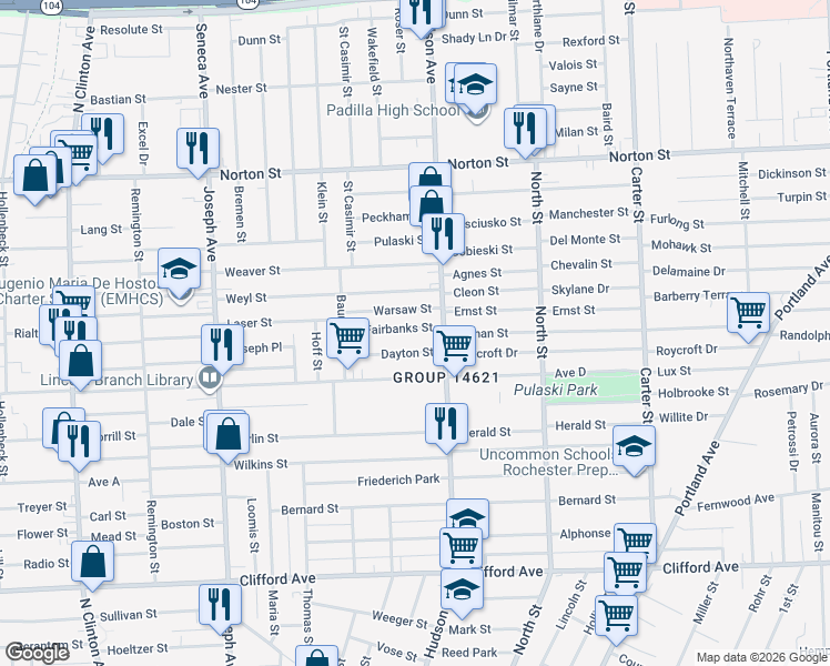 map of restaurants, bars, coffee shops, grocery stores, and more near 73 Fairbanks Street in Rochester