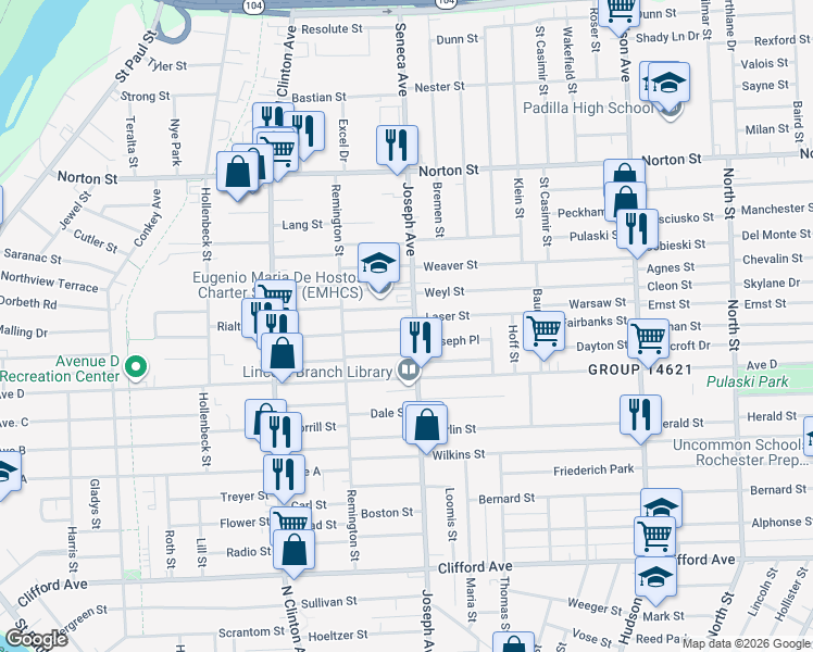 map of restaurants, bars, coffee shops, grocery stores, and more near 933 Joseph Avenue in Rochester