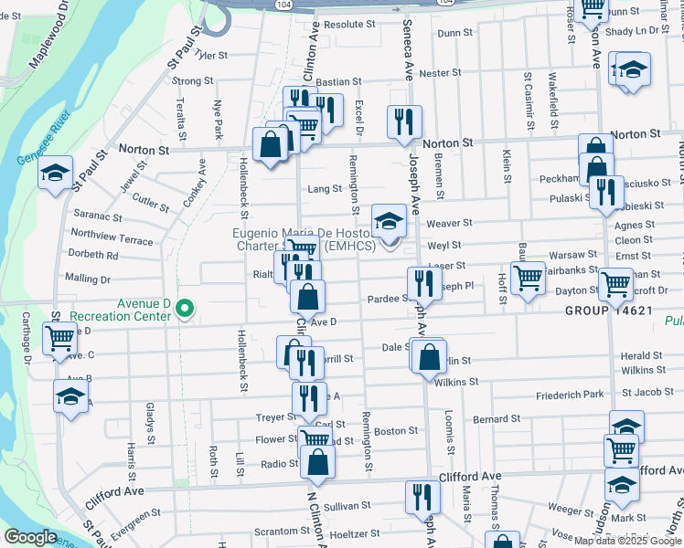 map of restaurants, bars, coffee shops, grocery stores, and more near 76 Kohlman Street in Rochester