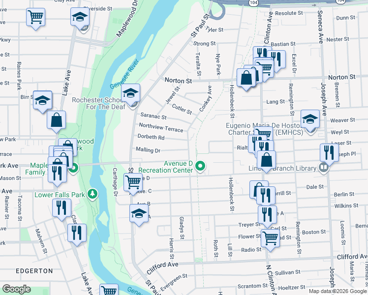 map of restaurants, bars, coffee shops, grocery stores, and more near 162 Malling Drive in Rochester