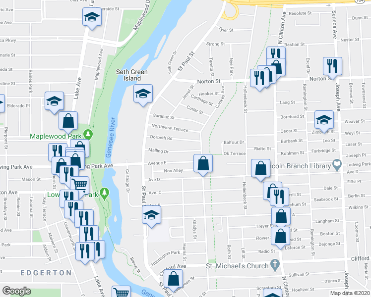 map of restaurants, bars, coffee shops, grocery stores, and more near 110 Malling Drive in Rochester