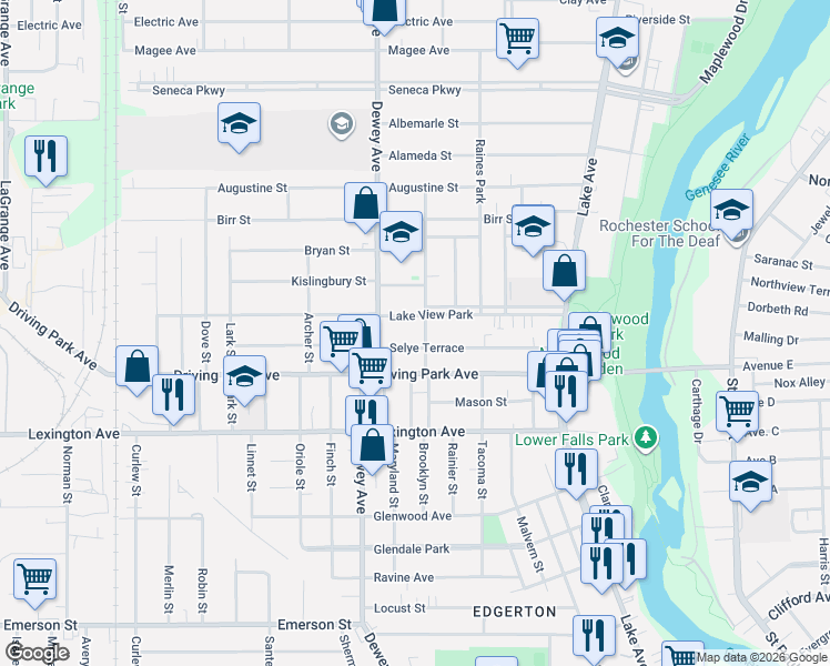 map of restaurants, bars, coffee shops, grocery stores, and more near in Rochester