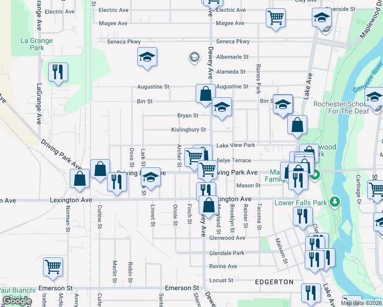 map of restaurants, bars, coffee shops, grocery stores, and more near 292 Selye Terrace in Rochester