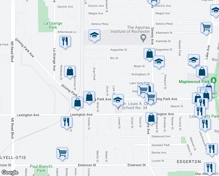 map of restaurants, bars, coffee shops, grocery stores, and more near 128 Lark Street in Rochester