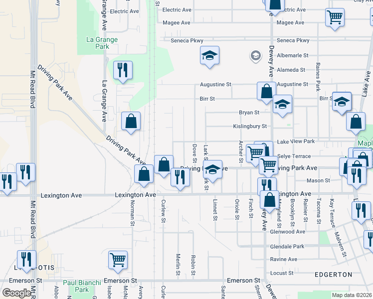 map of restaurants, bars, coffee shops, grocery stores, and more near 130 Bidwell Terrace in Rochester